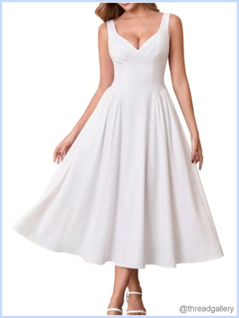 Corset Flowy Milkmaid Midi Dress Smocked V-Neck Summer Wedding Guest
